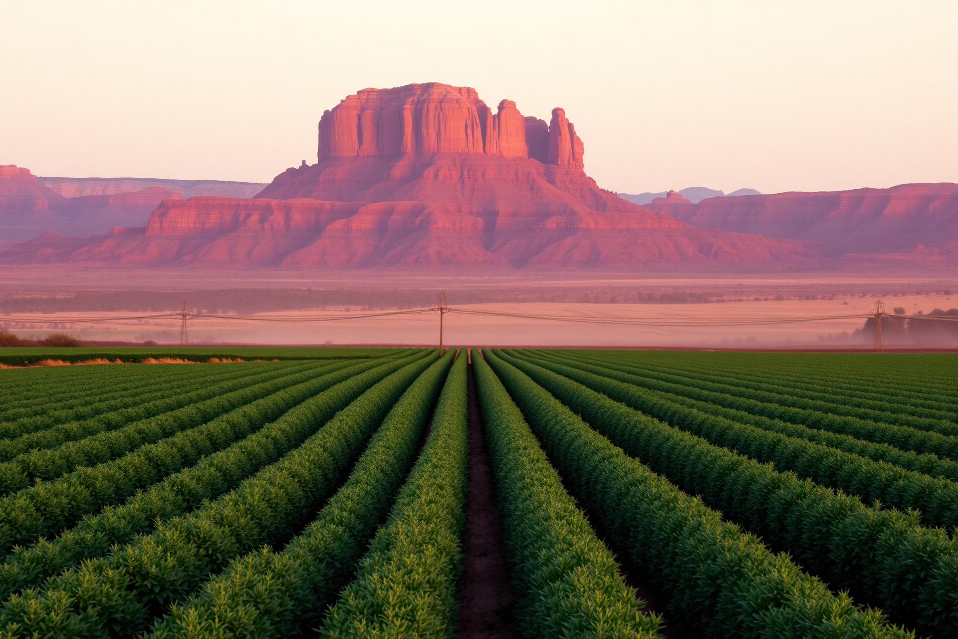 Southwest farm field at golden hour with green crop rows and red mesa horizon