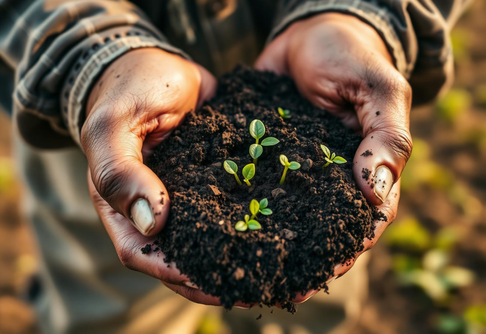 Farmer hands holding rich soil with young seedlings